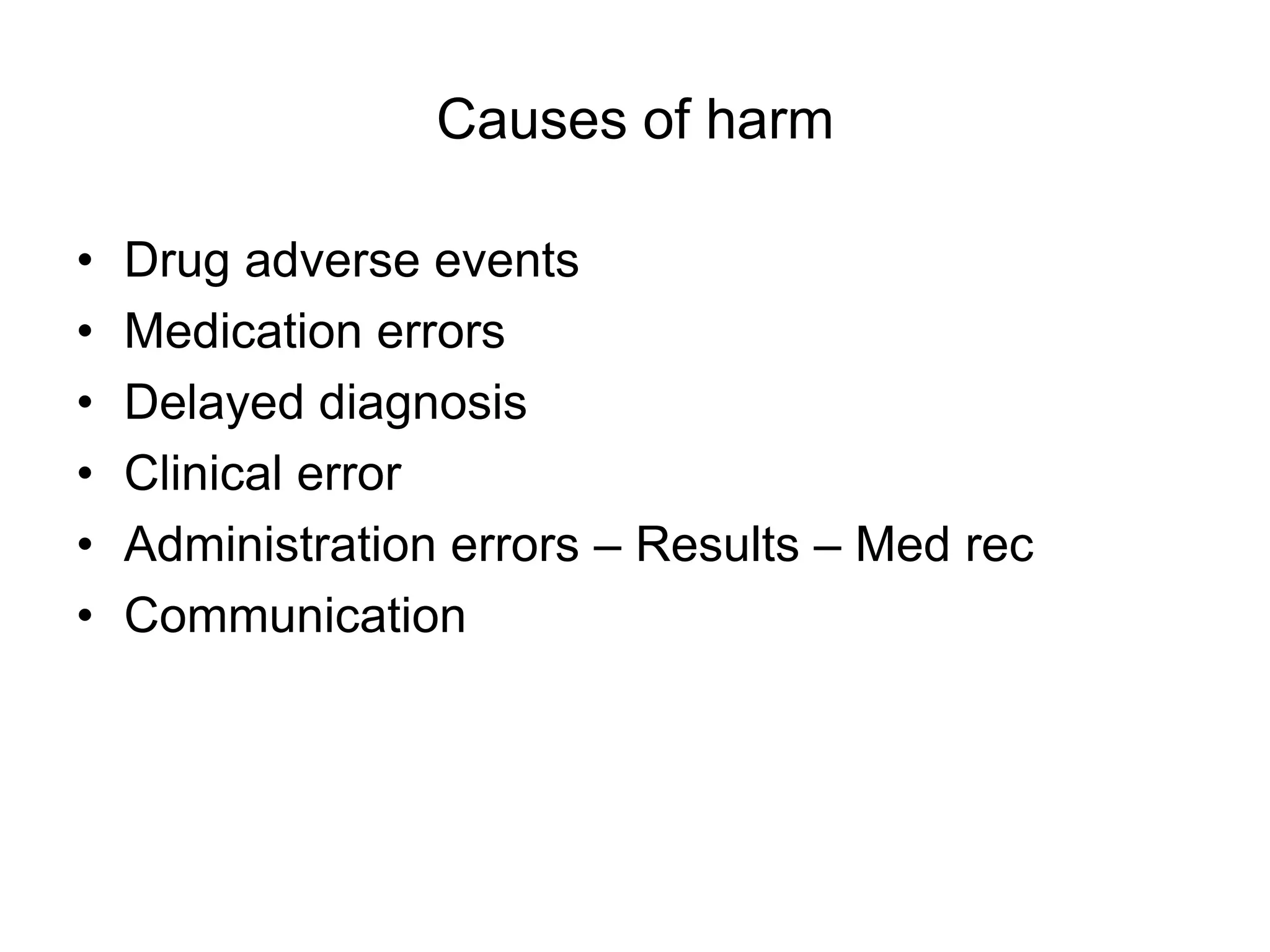Causes of harm

•   Drug adverse events
•   Medication errors
•   Delayed diagnosis
•   Clinical error
•   Administration errors – Results – Med rec
•   Communication
 