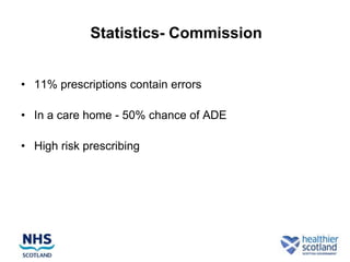 Statistics- Commission


• 11% prescriptions contain errors

• In a care home - 50% chance of ADE

• High risk prescribing
 