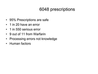 6048 prescriptions

•   95% Prescriptions are safe
•   1 in 20 have an error
•   1 in 550 serious error
•   9 out of 11 from Warfarin
•   Processing errors not knowledge
•   Human factors
 