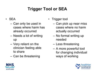 Trigger Tool or SEA

• SEA                         • Trigger tool
   – Can only be used in         – Can pick up near miss
     cases where harm has          cases where no harm
     already occurred              actually occurred
   – Needs a lot of writing      – No formal writing up
     up                            needed
   – Very reliant on the         – Less threatening
     clinician feeling able      – A more powerful tool
     to share                      for changing individual
   – Can be threatening            ways of working
 