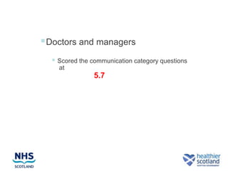  Doctors and managers
   Scored the communication category questions
    at
                5.7
 