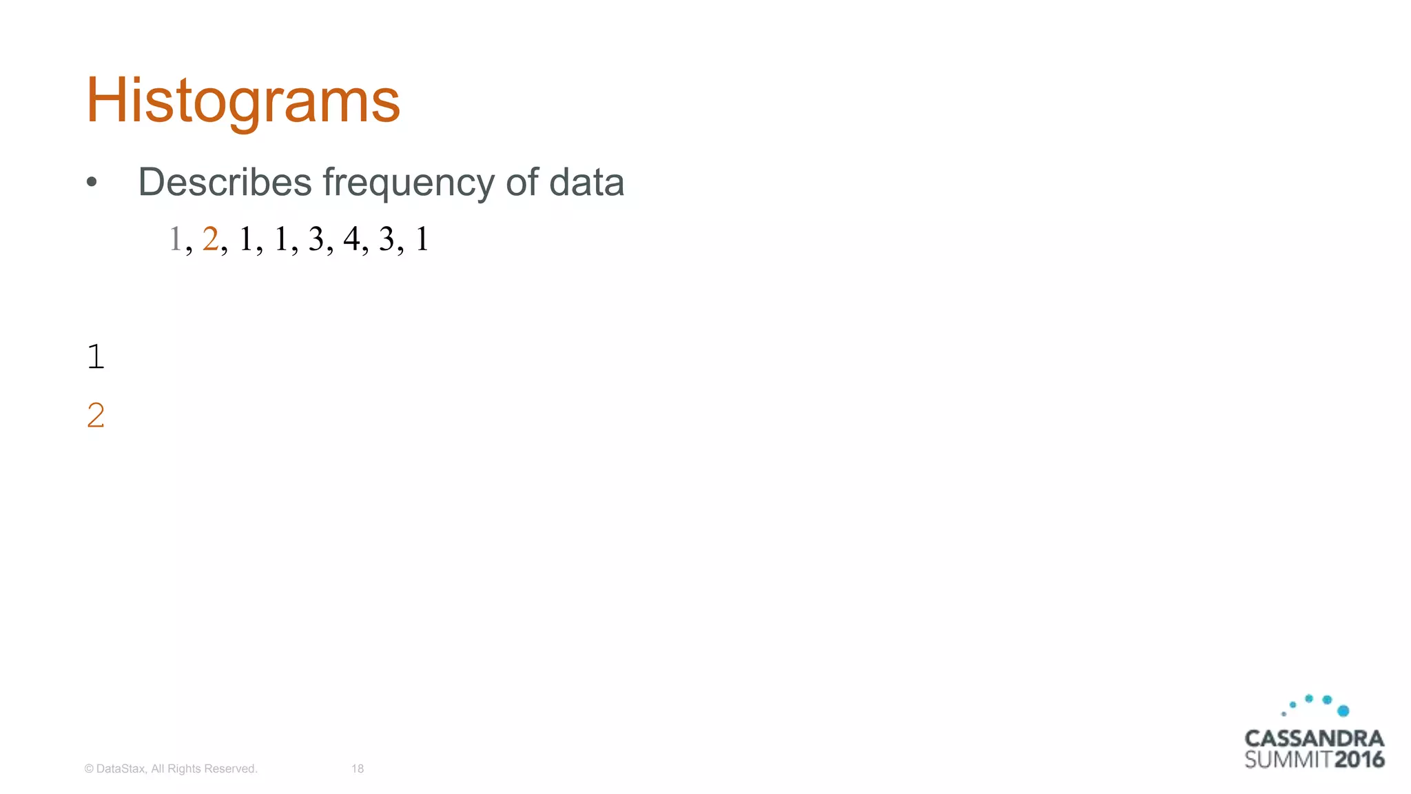 Histograms
• Describes frequency of data
1
2
© DataStax, All Rights Reserved. 18
1, 2, 1, 1, 3, 4, 3, 1
 