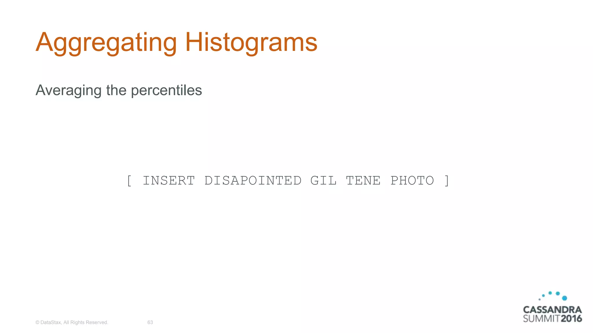 Aggregating Histograms
Averaging the percentiles
[ INSERT DISAPOINTED GIL TENE PHOTO ]
© DataStax, All Rights Reserved. 63
 