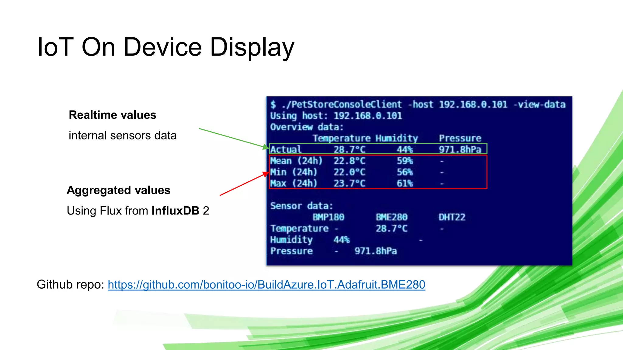 © 2019 InfluxData. All rights reserved. 29
IoT On Device Display
Realtime values
internal sensors data
Aggregated values
Using Flux from InfluxDB 2
Github repo: https://github.com/bonitoo-io/BuildAzure.IoT.Adafruit.BME280
 