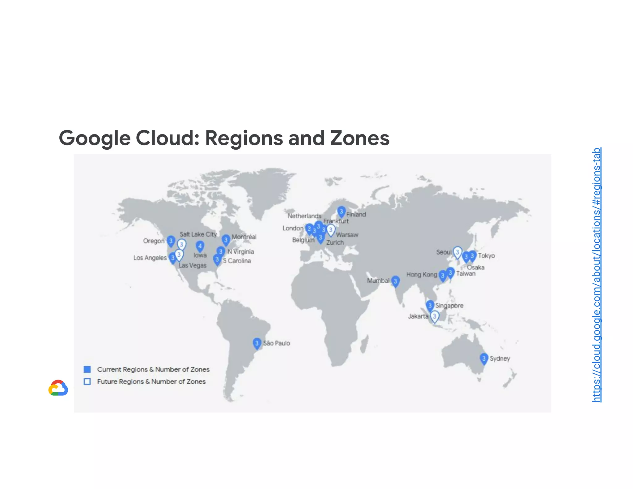Google Cloud: Regions and Zones https://cloud.google.com/about/locations/#regions-tab 