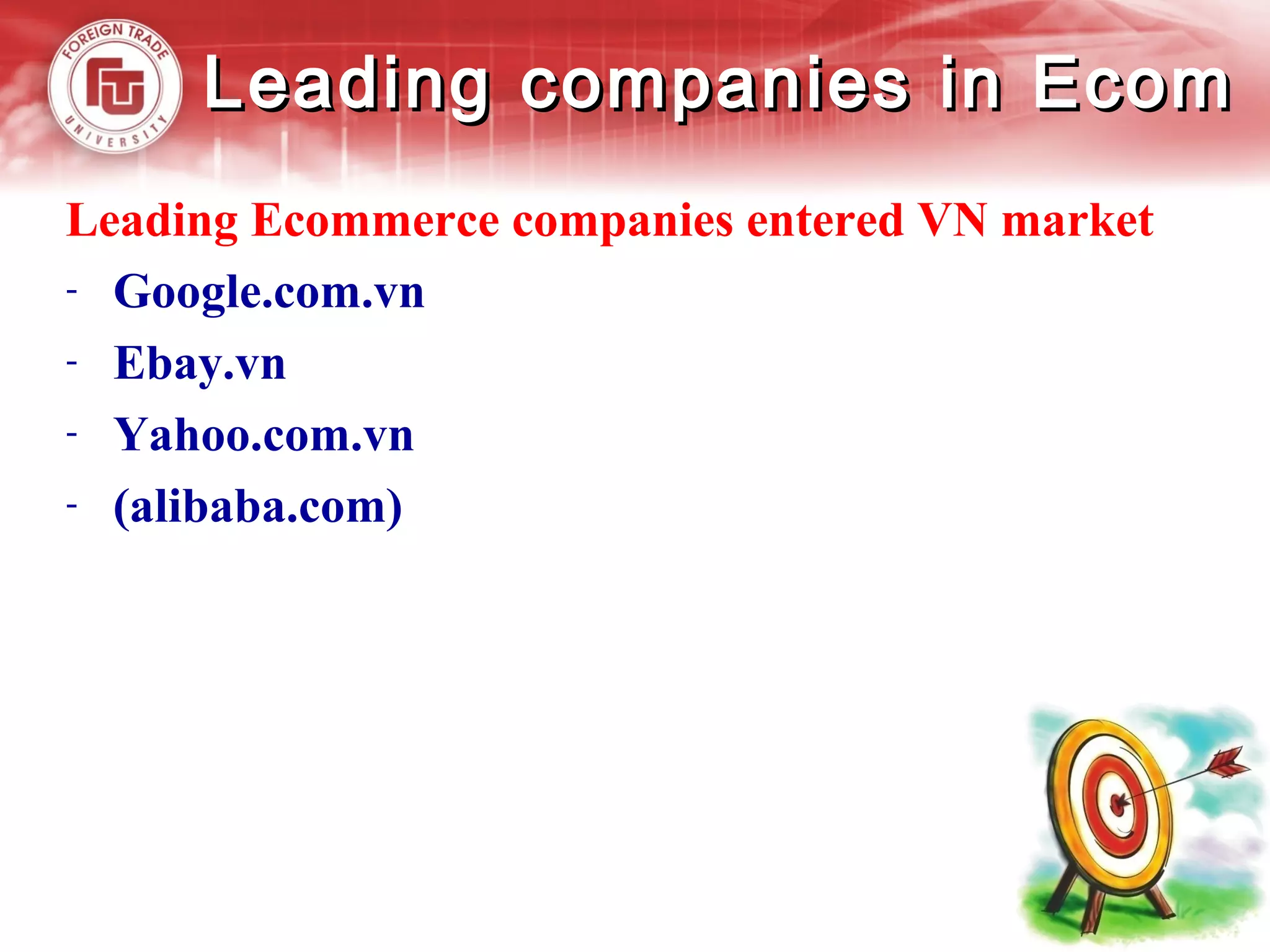 Leading companies in EcomLeading companies in Ecom
Leading Ecommerce companies entered VN market
- Google.com.vn
- Ebay.vn
- Yahoo.com.vn
- (alibaba.com)
 