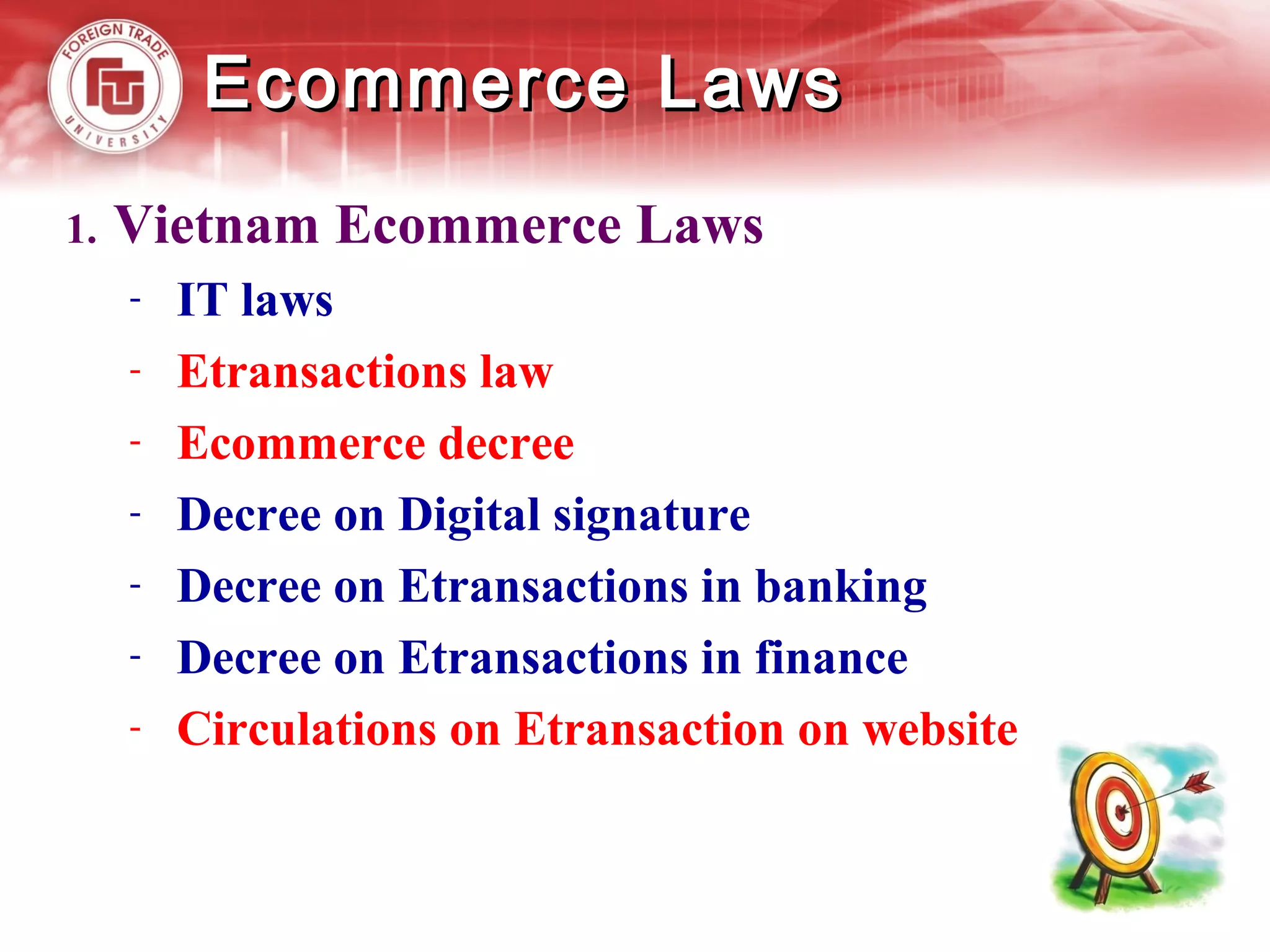 Ecommerce LawsEcommerce Laws
1. Vietnam Ecommerce Laws
- IT laws
- Etransactions law
- Ecommerce decree
- Decree on Digital signature
- Decree on Etransactions in banking
- Decree on Etransactions in finance
- Circulations on Etransaction on website
 