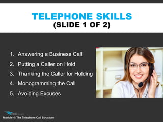 Module 4: The Telephone Call Structure
TELEPHONE SKILLS
(SLIDE 1 OF 2)
1. Answering a Business Call
2. Putting a Caller on Hold
3. Thanking the Caller for Holding
4. Monogramming the Call
5. Avoiding Excuses
 