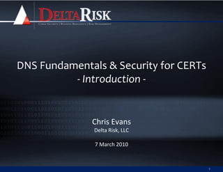 DNS Fundamentals & Security for CERTs
          - Introduction -


              Chris Evans
               Delta Risk, LLC

               7 March 2010


                                        1
 