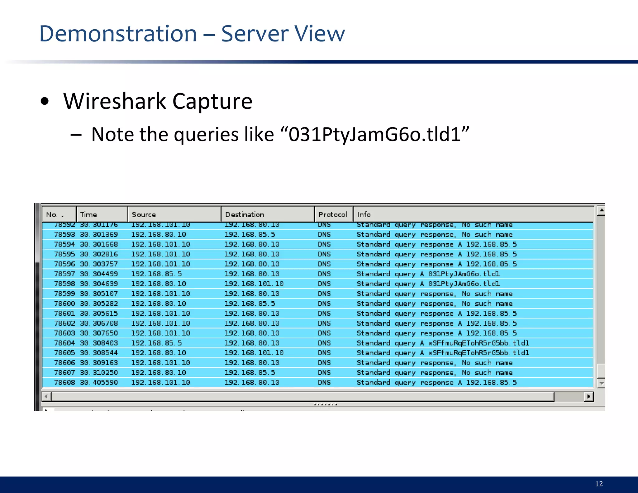 Demonstration – Server View

• Wireshark Capture
  – Note the queries like “031PtyJamG6o.tld1”




                                                12
 