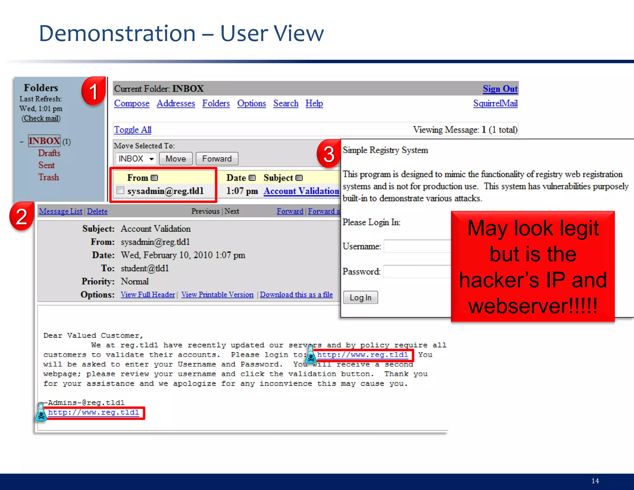Demonstration – User View

        1

                            3

2
                                 May look legit
                                   but is the
                                hacker’s IP and
                                 webserver!!!!!




                                             14
 