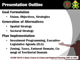Click to edit Master title style
SCURP 2015: A Basic Course in Urban and Regional Planning (ABC in URP)
Presentation Outline
Goal Formulation
• Vision, Objectives, Strategies
Generation of Alternatives:
• Spatial Strategy
• Sectoral Strategy
Plan Implementation
• Investment Programming, Executive-
Legislative Agenda (ELA)
• Zoning, Taxes, Eminent Domain, Co-
mngt of Territorial Domain
SCURP 2016: A Basic Course in Urban and Regional Planning (ABC in URP)
 