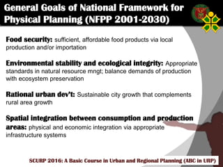 Click to edit Master title style
SCURP 2015: A Basic Course in Urban and Regional Planning (ABC in URP)
Food security: sufficient, affordable food products via local
production and/or importation
Environmental stability and ecological integrity: Appropriate
standards in natural resource mngt; balance demands of production
with ecosystem preservation
Rational urban dev’t: Sustainable city growth that complements
rural area growth
Spatial integration between consumption and production
areas: physical and economic integration via appropriate
infrastructure systems
General Goals of National Framework for
Physical Planning (NFPP 2001-2030)
SCURP 2016: A Basic Course in Urban and Regional Planning (ABC in URP)
 