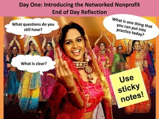 Day One: Introducing the Networked Nonprofit
                End of Day Reflection
What questions do you
     still have?




    What is clear?
 