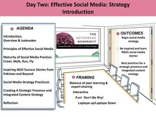 Day Two: Effective Social Media: Strategy
                              Introduction

         AGENDA
                                                                      OUTCOMES
Introduction,                                                          Begin social media
Overview & Icebreaker                                                       strategy

Principles of Effective Social Media                                  Be inspired and learn
                                                                       NGOs social media
Maturity of Social Media Practice:                                           stories
Crawl, Walk, Run, Fly                                                   Best practices for a
                                                                      strategic presence and
Inspiring NGO Success Stories from                                      integrated content
Pakistan and Beyond                                                          strategy
                                           FRAMING
Social Media Strategy Practicum        Balance of peer learning &
                                        expert sharing
Creating A Strategic Presence and        Interactive
Integrated Content Strategy
                                          Fun! Don’t Be Shy!
Reflection                                  Laptops up/Laptops Down
 