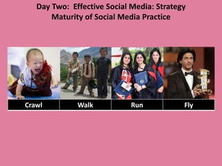 Day Two: Effective Social Media: Strategy
       Maturity of Social Media Practice




Crawl         Walk          Run            Fly
 