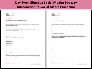 Day Two: Effective Social Media: Strategy
 Introduction to Social Media Practicum
 