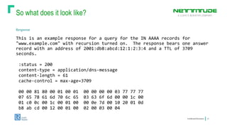 So what does it look like?
ConfidentialInformation 13
Response
This is an example response for a query for the IN AAAA records for
"www.example.com" with recursion turned on. The response bears one answer
record with an address of 2001:db8:abcd:12:1:2:3:4 and a TTL of 3709
seconds.
:status = 200
content-type = application/dns-message
content-length = 61
cache-control = max-age=3709
00 00 81 80 00 01 00 01 00 00 00 00 03 77 77 77
07 65 78 61 6d 70 6c 65 03 63 6f 6d 00 00 1c 00
01 c0 0c 00 1c 00 01 00 00 0e 7d 00 10 20 01 0d
b8 ab cd 00 12 00 01 00 02 00 03 00 04
 
