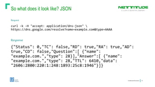 So what does it look like? JSON
ConfidentialInformation 14
Request
curl -k -H "accept: application/dns-json" 
https://dns.google.com/resolve?name=example.com&type=AAAA
Response
{"Status": 0,"TC": false,"RD": true,"RA": true,"AD":
true,"CD": false,"Question":[ {"name":
"example.com.","type": 28}],"Answer":[ {"name":
"example.com.","type": 28,"TTL": 6410,"data":
"2606:2800:220:1:248:1893:25c8:1946"}]}
 