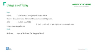Usage as of Today
ConfidentialInformation 21
DoH
Firefox –Gradualrolloutduring2019/20 inUSasdefault.
Chrome –Gradualrollout asofChrome78, basedoncurrentDNSprovider.
cURL –Availablesince7.62.0.
$ curl --doh-url https://dns-server.example.com
https://www.example.com
DoT
Android –As ofAndroidPie (August 2018)
 