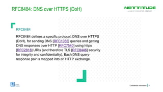 RFC8484: DNS over HTTPS (DoH)
RFC8484
Confidential Information 9
RFC8484 defines a specific protocol, DNS over HTTPS
(DoH), for sending DNS [RFC1035] queries and getting
DNS responses over HTTP [RFC7540] using https
[RFC2818] URIs (and therefore TLS [RFC8446] security
for integrity and confidentiality). Each DNS query-
response pair is mapped into an HTTP exchange.
 
