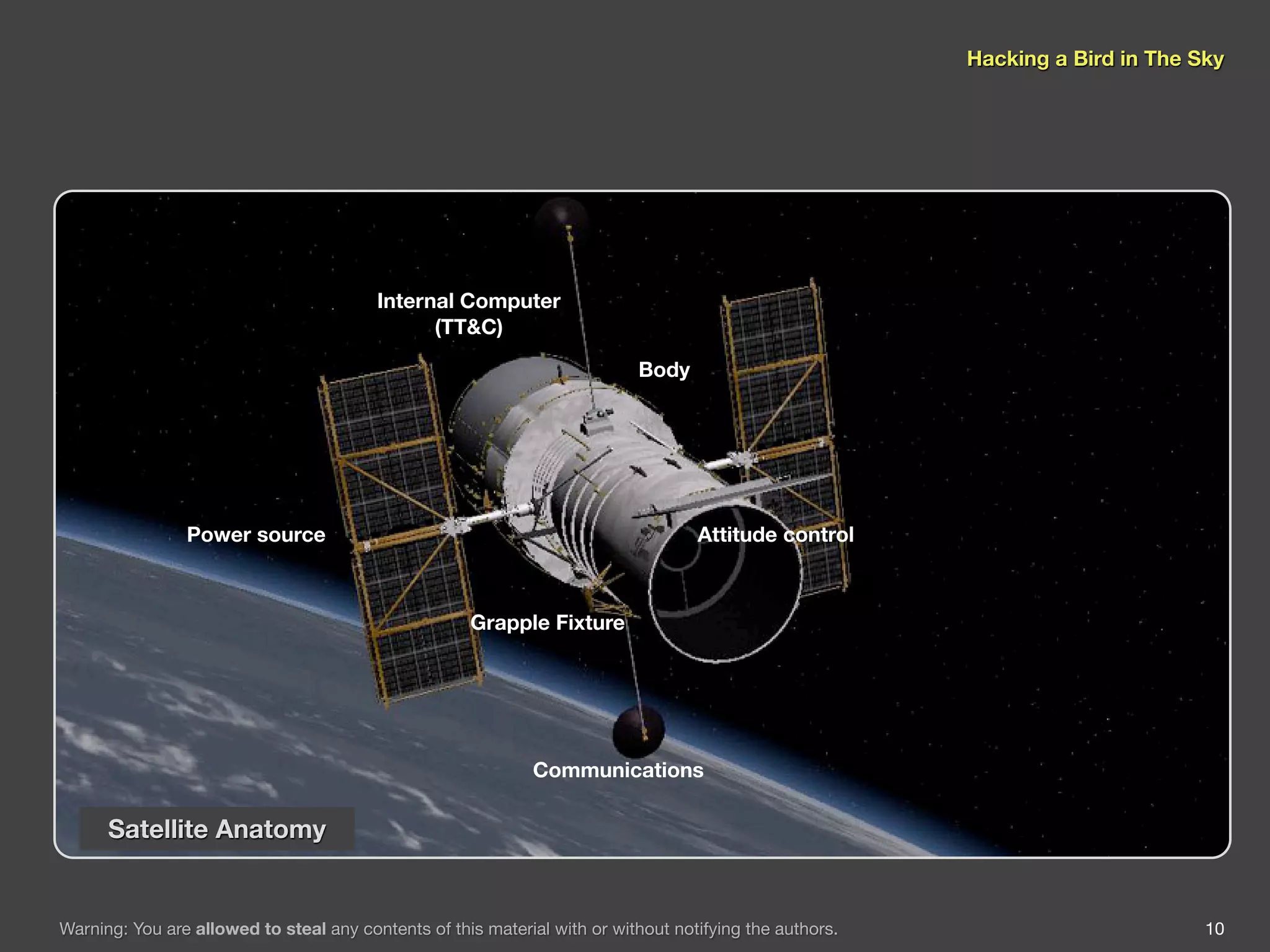 Hacking a Bird in The Sky




                                         Internal Computer
                                               (TT&C)

                                                                           Body




                Power source                                                       Attitude control



                                                     Grapple Fixture




                                                              Communications

      Satellite Anatomy


Warning: You are allowed to steal any contents of this material with or without notifying the authors.                          10
 