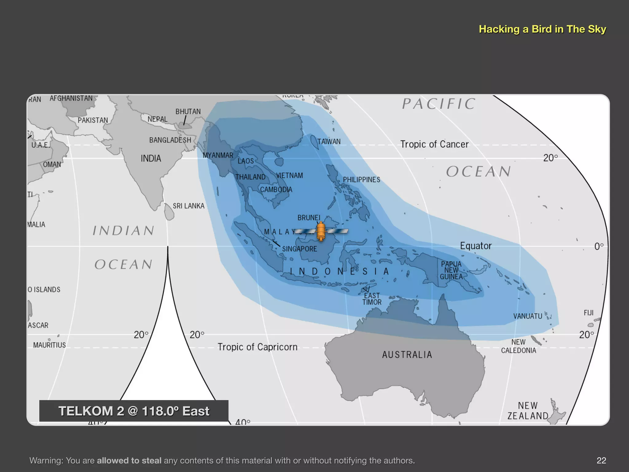 Hacking a Bird in The Sky




       TELKOM 2 @ 118.0º East


Warning: You are allowed to steal any contents of this material with or without notifying the authors.                          22
 