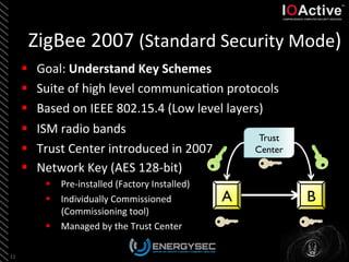 ZigBee	
  2007	
  (Standard	
  Security	
  Mode)	
  
§  Goal:	
  Understand	
  Key	
  Schemes	
  
§  Suite	
  of	
  high	
  level	
  communica<on	
  protocols	
  
§  Based	
  on	
  IEEE	
  802.15.4	
  (Low	
  level	
  layers)	
  
§  ISM	
  radio	
  bands	
  
§  Trust	
  Center	
  introduced	
  in	
  2007	
  
	
  
11	
  
Two	
  Key	
  Distribu<on	
  Mechanisms:	
  
1.  Pre-­‐Installa<on	
  
2.  Over	
  the	
  air	
  
§  Network	
  Key	
  (AES	
  128-­‐bit)	
  
§  Pre-­‐installed	
  (Factory	
  Installed)	
  
§  Individually	
  Commissioned	
  
(Commissioning	
  tool)	
  
§  Managed	
  by	
  the	
  Trust	
  Center	
  
	
  
A	

Trust
Center	

B	

 