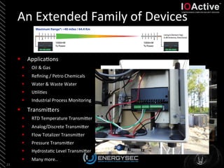 An	
  Extended	
  Family	
  of	
  Devices	
  
23	
  
§  Applica<ons	
  
§  Oil	
  &	
  Gas	
  
§  Reﬁning	
  /	
  Petro	
  Chemicals	
  
§  Water	
  &	
  Waste	
  Water	
  
§  U<li<es	
  
§  Industrial	
  Process	
  Monitoring	
  
§  TransmiLers	
  
§  RTD	
  Temperature	
  TransmiLer	
  
§  Analog/Discrete	
  TransmiLer	
  
§  Flow	
  Totalizer	
  TransmiLer	
  
§  Pressure	
  TransmiLer	
  
§  Hydrosta<c	
  Level	
  TransmiLer	
  
§  Many	
  more..	
  
 