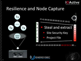 §  Steal	
  and	
  extract	
  
§  Site	
  Security	
  Key	
  
§  Project	
  File	
  
Resilience	
  and	
  Node	
  Capture	
  
36	
  
Stolen	
  
Node	
  
Gateway	
  
Tx	
  
Tx	
  Tx	
  
S
e
r
i
a
l	

C
a
p
t
u
r
e	

FF	
  41	
  06	
  00	
  0A	
  00	
  00	
  00	
  33	
  2E	
  1D	
  CC	
  
FF	
  41	
  0A	
  00	
  0A	
  00	
  00	
  00	
  04	
  00	
  AB	
  D0	
  9A	
  51	
  B0	
  ...	
  
 