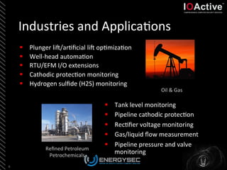 Industries	
  and	
  Applica<ons	
  
6	
  
Oil	
  &	
  Gas	
  
Reﬁned	
  Petroleum	
  
Petrochemicals	
  
§  Plunger	
  li_/ar<ﬁcial	
  li_	
  op<miza<on	
  
§  Well-­‐head	
  automa<on	
  
§  RTU/EFM	
  I/O	
  extensions	
  
§  Cathodic	
  protec<on	
  monitoring	
  
§  Hydrogen	
  sulﬁde	
  (H2S)	
  monitoring	
  
§  Tank	
  level	
  monitoring	
  
§  Pipeline	
  cathodic	
  protec<on	
  
§  Rec<ﬁer	
  voltage	
  monitoring	
  
§  Gas/liquid	
  ﬂow	
  measurement	
  
§  Pipeline	
  pressure	
  and	
  valve	
  
monitoring	
  
 