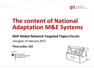 Page 1
The content of National
Adaptation M&E Systems
NAP Global Network Targeted Topics Forum
Lilongwe, 8 February 2017
T...
