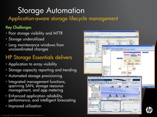 Storage Automation
         Application-aware storage lifecycle management
     Key Challenges
     • Poor storage visibility and MTTR
     • Storage underutilized
     • Long maintenance windows from
       uncoordinated changes

     HP Storage Essentials delivers
     • Application to array visibility
     • Storage capacity reporting and trending
     • Automated storage provisioning
     • Integrated management functions,
       spanning SAN, storage resource
       management, and app metering
     • Enhanced application reliability,
       performance, and intelligent forecasting
     • Improved utilization

© Copyright 2012 Hewlett-Packard Development Company, L.P.
 