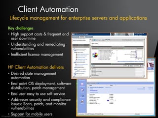 Client Automation
          Lifecycle management for enterprise servers and applications
        Key challenges
        • High support costs & frequent end
          user downtime
        • Understanding and remediating
          vulnerabilities
        • Inefficient license management


        HP Client Automation delivers
        • Desired state management
          automation
        • End point OS deployment, software
          distribution, patch management
        • End user easy to use self service
        • Addresses security and compliance
          issues: Scan, patch, and monitor
          vulnerabilities
        • Support for mobile users
© Copyright 2012 Hewlett-Packard Development Company, L.P.
 