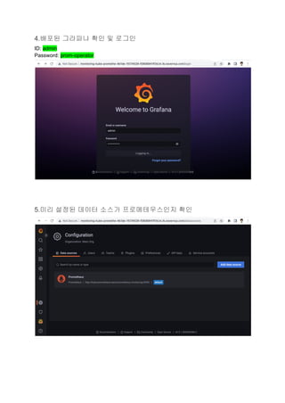 4.배포된 그라파나 확인 및 로그인
ID: admin
Password: prom-operator
5.미리 설정된 데이터 소스가 프로메테우스인지 확인
 