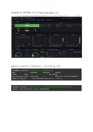 8.import 된 13770을 감상 및 N/A와 No data 수정
9.(필요시) 배포된 프로메테우스 스택 조회 및 삭제
root@k8s-console:~# helm list -n monitoring
NAME NAMESPACE REVISION UPDATED
STATUS CHART APP VERSION
kube-prometheus-stack monitoring 1 2022-12-17 17:14:15.264607955
+0900 KST deployed kube-prometheus-stack-43.1.1 0.61.1
root@k8s-console:~# helm uninstall -n monitoring kube-prometheus-stack
release "kube-prometheus-stack" uninstalled
 