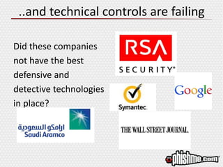 ..and technical controls are failing
Did these companies
not have the best
defensive and
detective technologies
in place?
 