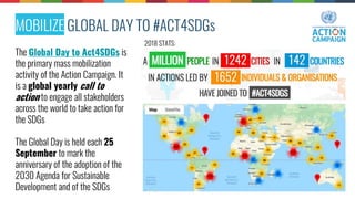MOBILIZE GLOBAL DAY TO #ACT4SDGs
The Global Day to Act4SDGs is
the primary mass mobilization
activity of the Action Campaign. It
is a global yearly call to
action to engage all stakeholders
across the world to take action for
the SDGs
The Global Day is held each 25
September to mark the
anniversary of the adoption of the
2030 Agenda for Sustainable
Development and of the SDGs
2018 STATS:
 