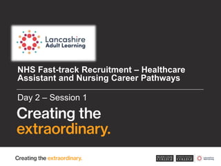 NHS Fast-track Recruitment – Healthcare
Assistant and Nursing Career Pathways
Day 2 – Session 1
 
