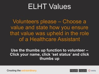 ELHT Values
Volunteers please – Choose a
value and state how you ensure
that value was upheld in the role
of a Healthcare Assistant
Use the thumbs up function to volunteer –
Click your name, click ‘set status’ and click
thumbs up
 