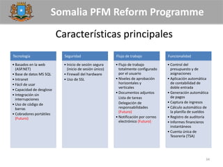 Somalia PFM Reform Programme
Características principales
34
Tecnología
• Basados en la web
(ASP.NET)
• Base de datos MS SQL
• Intranet
• Fácil de usar
• Capacidad de desglose
• Integración sin
interrupciones
• Uso de código de
barras
• Cobradores portátiles
(Futuro)
Seguridad
• Inicio de sesión segura
(inicio de sesión único)
• Firewall del hardware
• Uso de SSL
Flujo de trabajo
• Flujo de trabajo
totalmente configurado
por el usuario
• Niveles de aprobación
horizontales y
verticales
• Documentos adjuntos
Lista de tareas
Delegación de
responsabilidades
(Futuro)
• Notificación por correo
electrónico (Futuro)
Funcionalidad
• Control del
presupuesto y de
asignaciones
• Aplicación automática
de contabilidad de
doble entrada
• Generación automática
de pagos
• Captura de ingresos
• Cálculo automático de
la planilla de sueldos
• Registro de auditoría
• Informes financieros
instantáneos
• Cuenta única de
Tesorería (TSA)
 