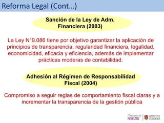 Compromiso a seguir reglas de comportamiento fiscal claras y a
incrementar la transparencia de la gestión pública
La Ley N°9.086 tiene por objetivo garantizar la aplicación de
principios de transparencia, regularidad financiera, legalidad,
economicidad, eficacia y eficiencia, además de implementar
prácticas moderas de contabilidad.
Adhesión al Régimen de Responsabilidad
Fiscal (2004)
Sanción de la Ley de Adm.
Financiera (2003)
Reforma Legal (Cont…)
 