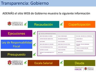 Transparencia: Gobierno
CoparticipaciónRecaudación
Ejecuciones
Ley de Responsabilidad
Fiscal
Escala Salarial Deuda
Presupuesto
ADEMÁS el sitio WEB de Gobierno muestra la siguiente información
 