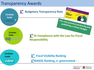1° Budgetary Transparency Rate
Córdoba
leads
1° in Compliance with the Law for Fiscal
Responsibility
Córdoba
leads
1° Fisc...