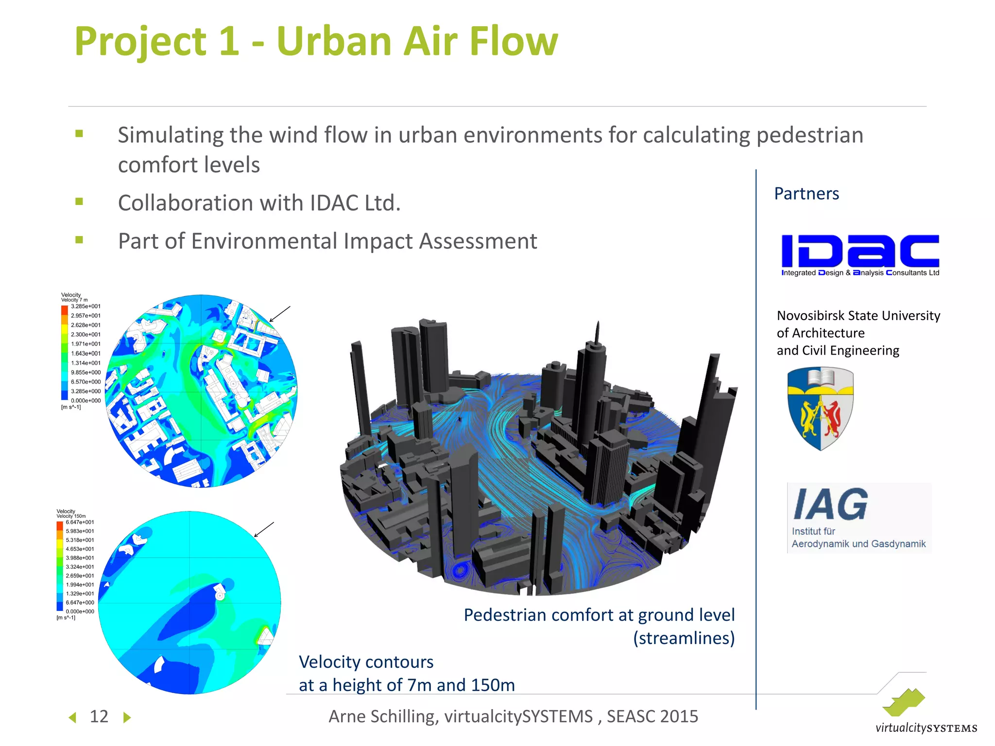 12 Arne Schilling, virtualcitySYSTEMS , SEASC 2015
 Simulating the wind flow in urban environments for calculating pedestrian
comfort levels
 Collaboration with IDAC Ltd.
 Part of Environmental Impact Assessment
Project 1 - Urban Air Flow
Partners
Pedestrian comfort at ground level
(streamlines)
Velocity contours
at a height of 7m and 150m
Novosibirsk State University
of Architecture
and Civil Engineering
 
