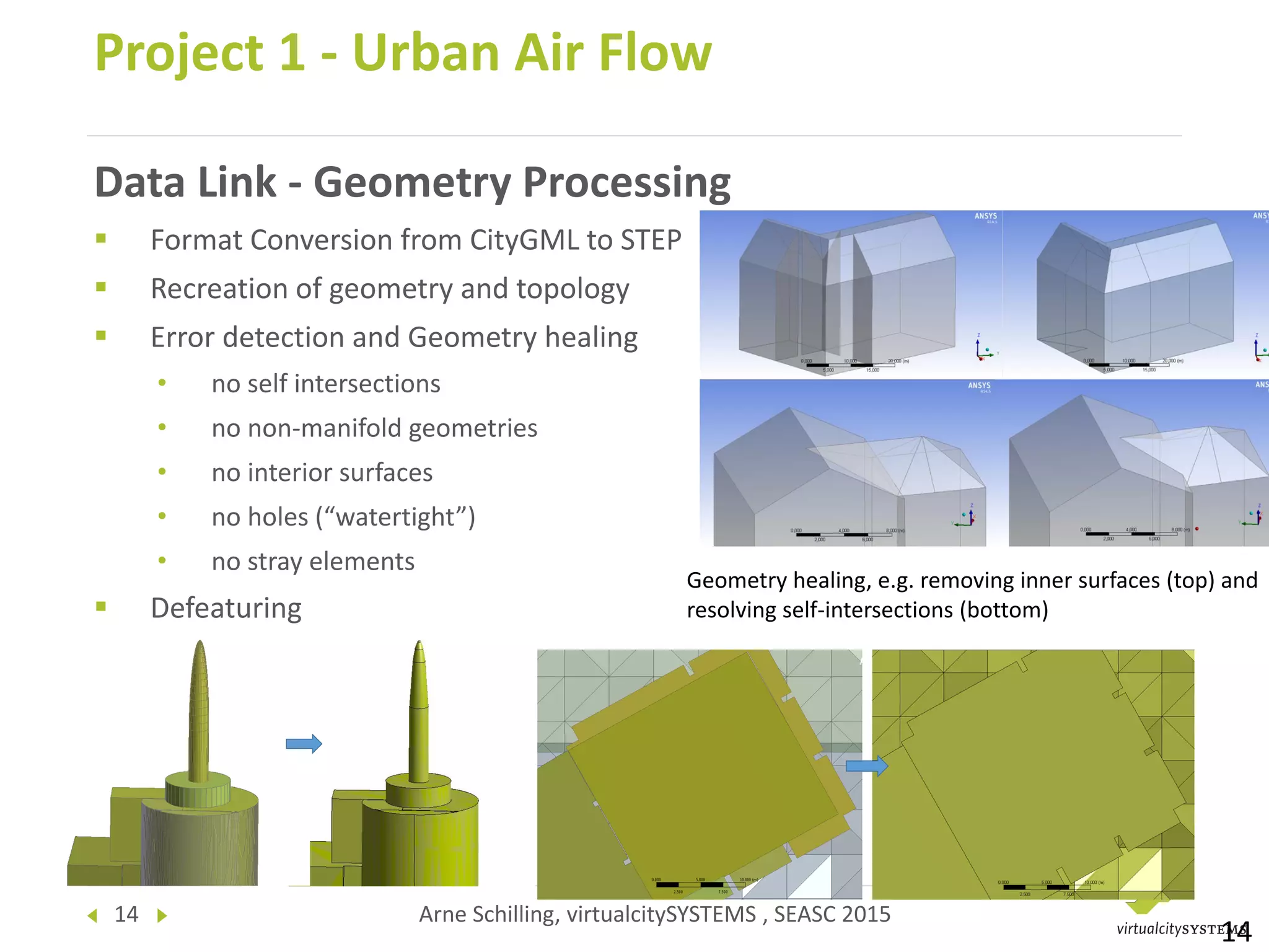 14 Arne Schilling, virtualcitySYSTEMS , SEASC 2015
Data Link - Geometry Processing
 Format Conversion from CityGML to STEP
 Recreation of geometry and topology
 Error detection and Geometry healing
• no self intersections
• no non-manifold geometries
• no interior surfaces
• no holes (“watertight”)
• no stray elements
 Defeaturing
Project 1 - Urban Air Flow
14
Geometry healing, e.g. removing inner surfaces (top) and
resolving self-intersections (bottom)
 