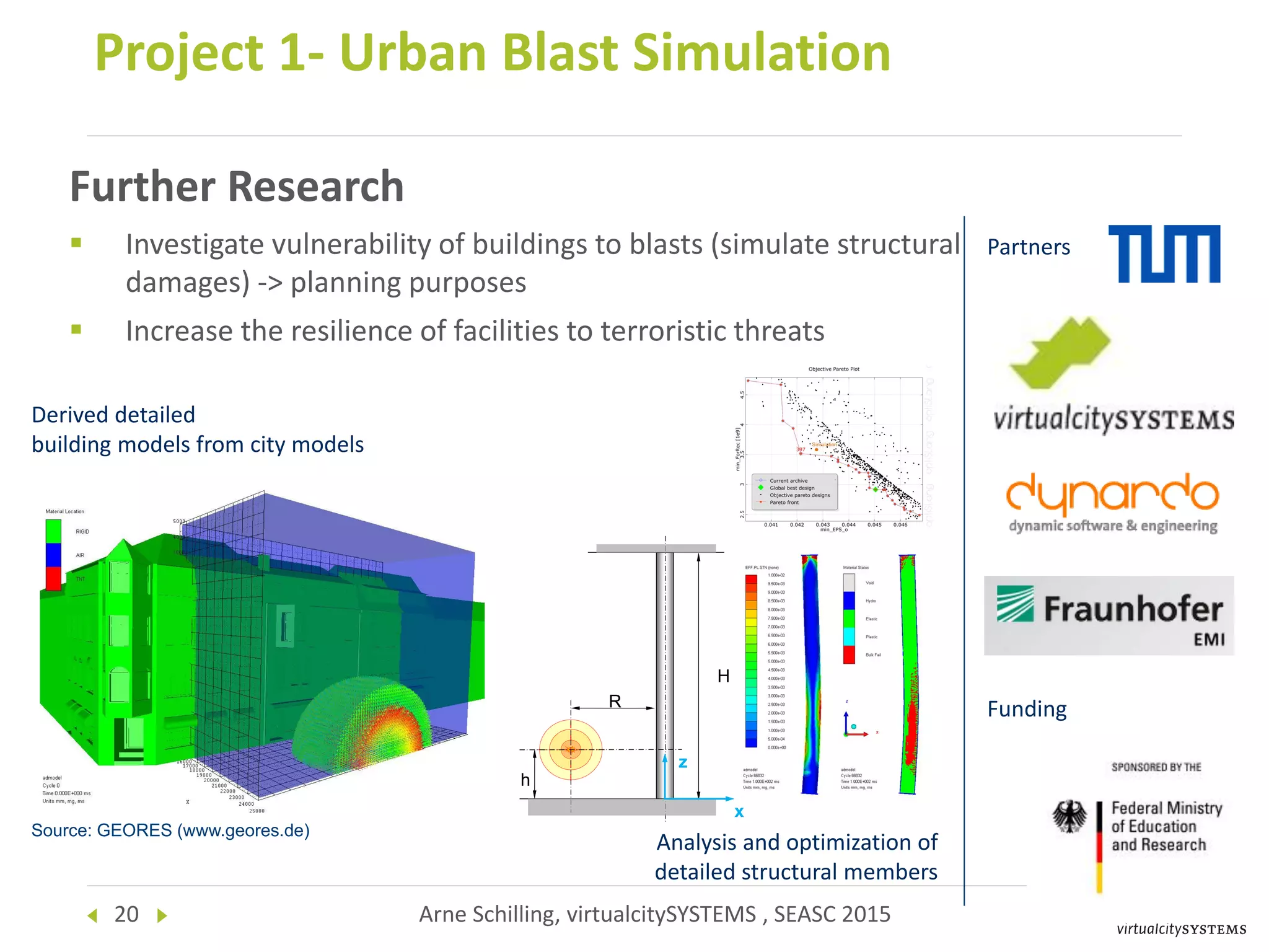 20 Arne Schilling, virtualcitySYSTEMS , SEASC 2015
Project 1- Urban Blast Simulation
Partners
Funding
Derived detailed
building models from city models
Analysis and optimization of
detailed structural members
H
h
R
x
z
Source: GEORES (www.geores.de)
Further Research
 Investigate vulnerability of buildings to blasts (simulate structural
damages) -> planning purposes
 Increase the resilience of facilities to terroristic threats
 