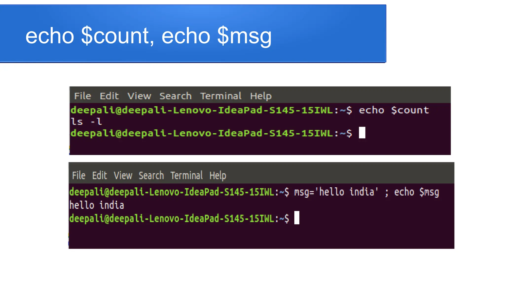 echo $count, echo $msg 
