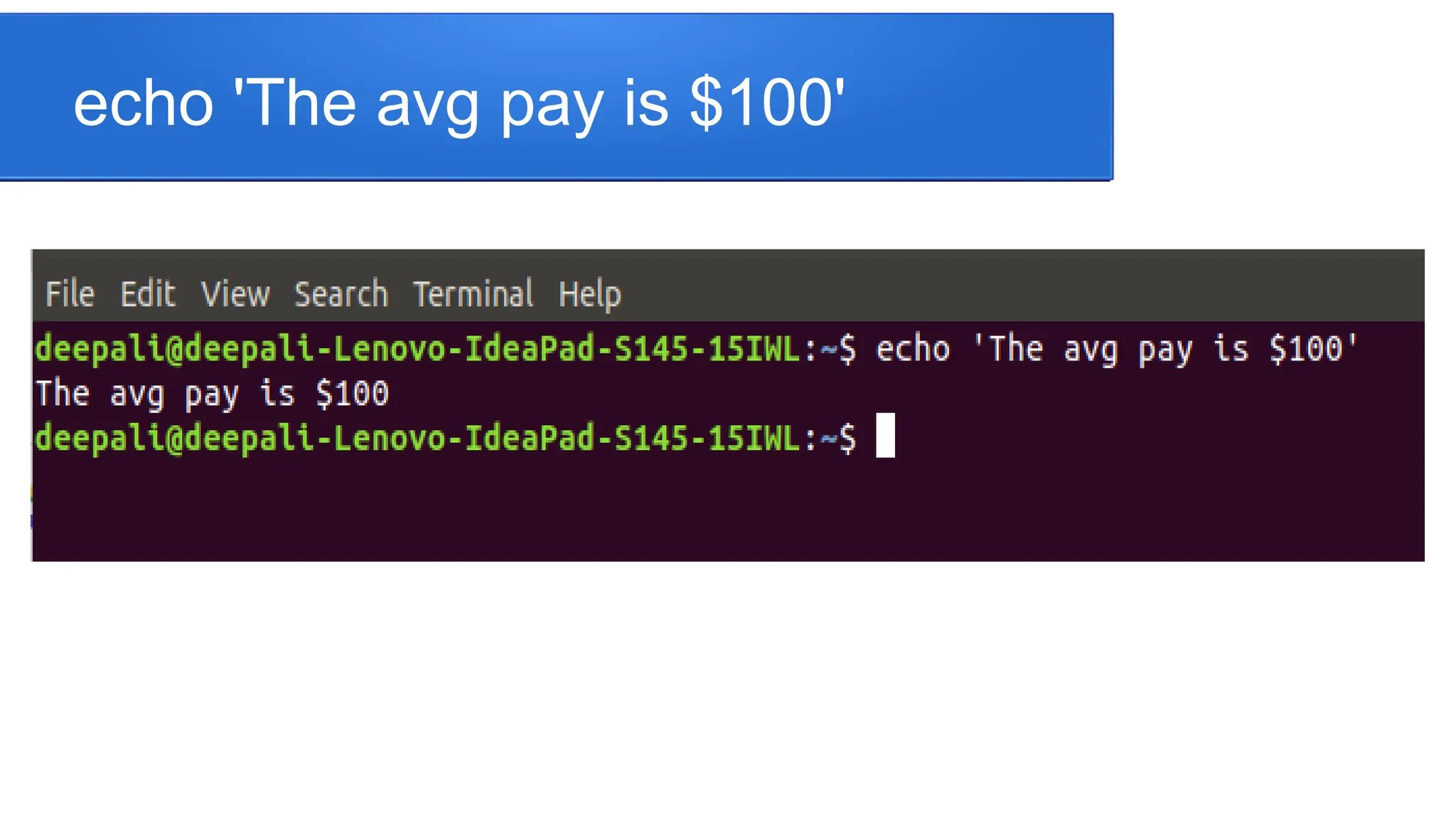 echo 'The avg pay is $100' 