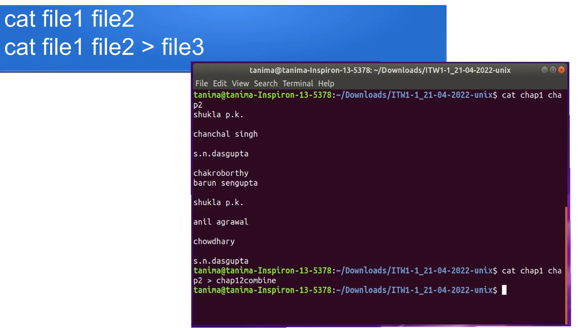 cat file1 file2 cat file1 file2 > file3 